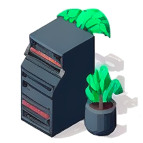 A black server with two plant around it.