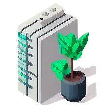 A high grey server with a big plant next to it.