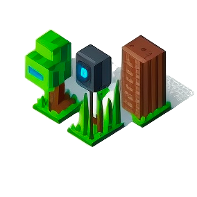 Three green squares with a pixelated tree, brown building and a black floating box.