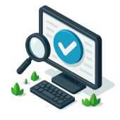 A magnifying glass in front of a computer screen with a checkmark.