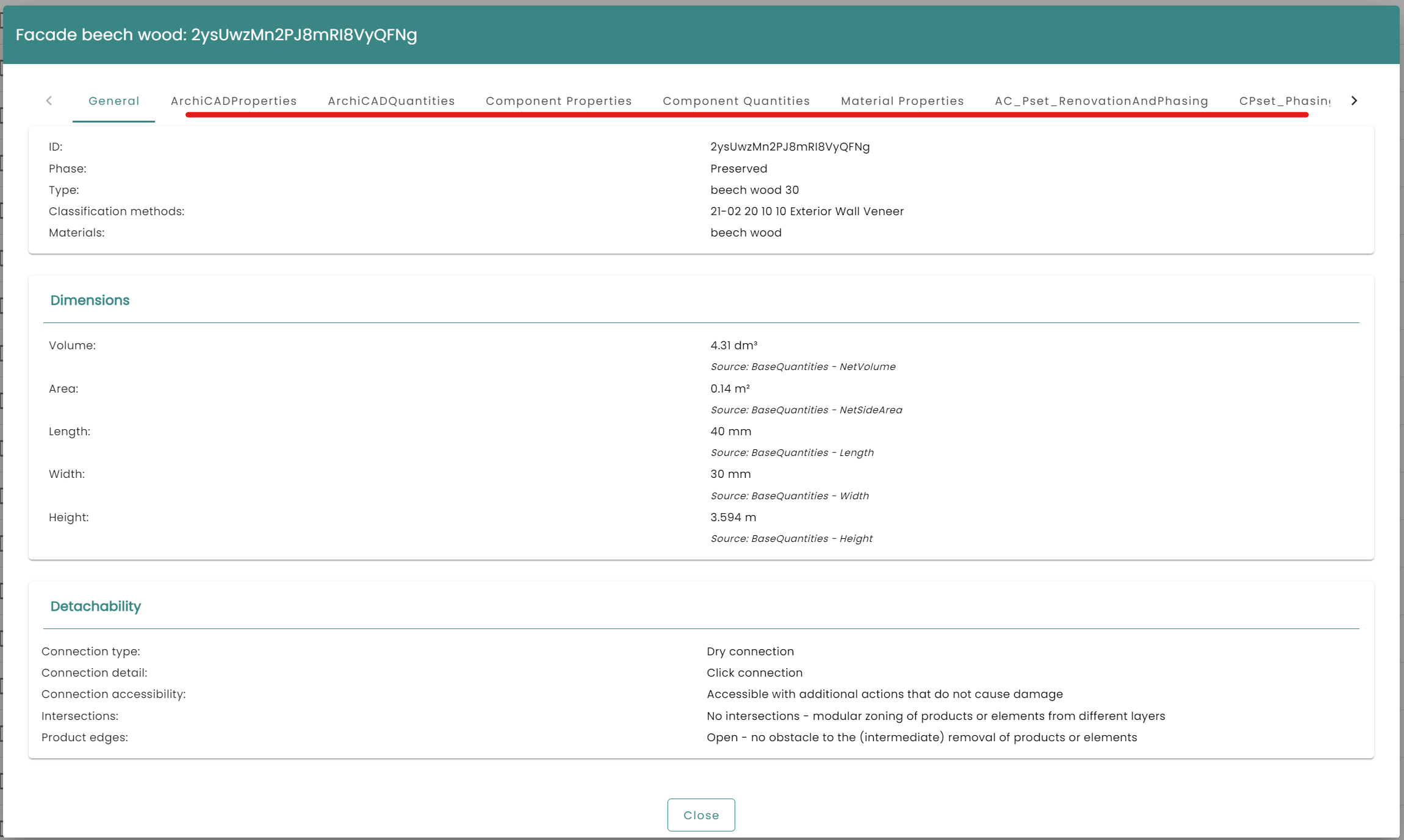 The IFC properties as shown on an element in enrichment