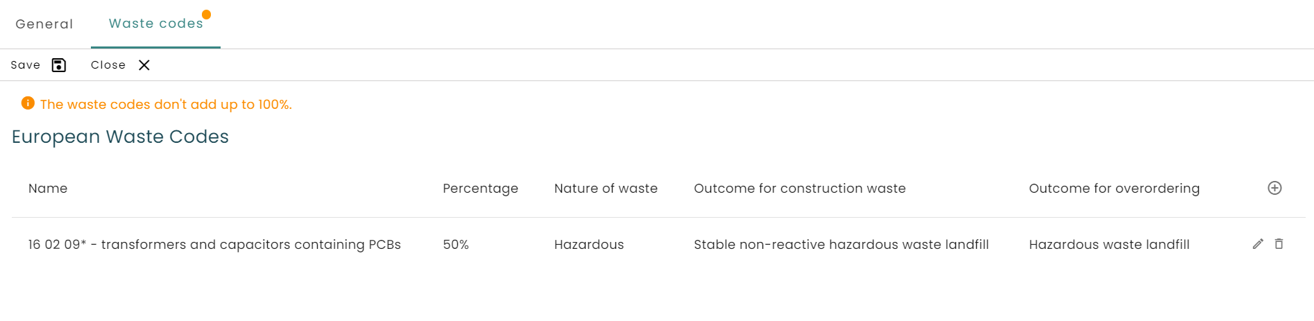 The warning that is shown in enrichment when the waste codes do not add up to a 100%