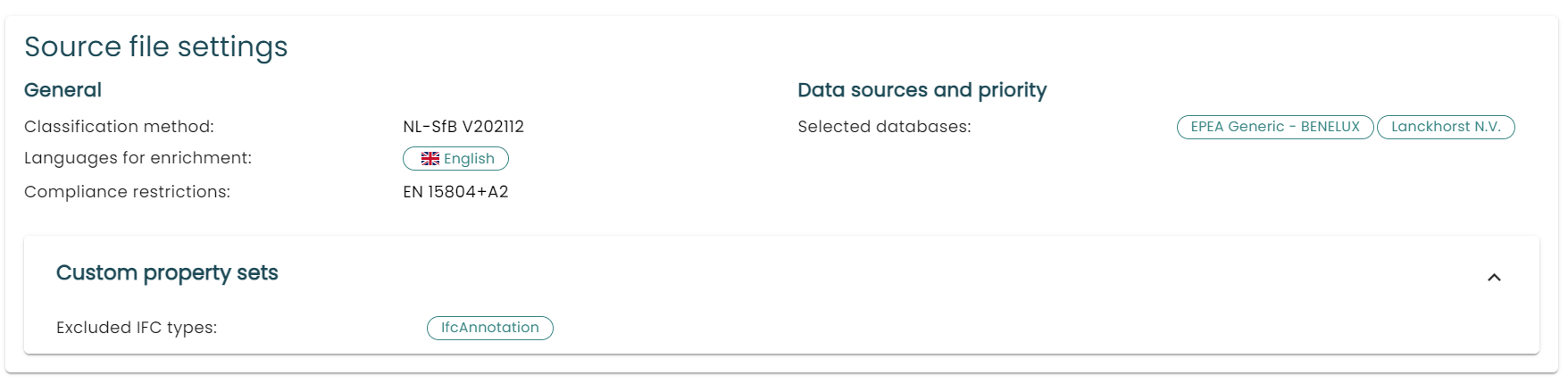 Information about the settings used when uploading a file as shown in the platform