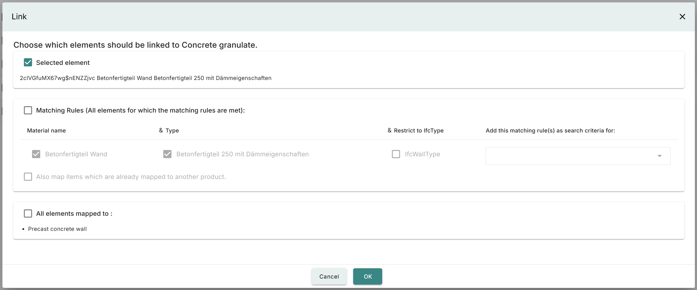 The new options when linking elements to products.
