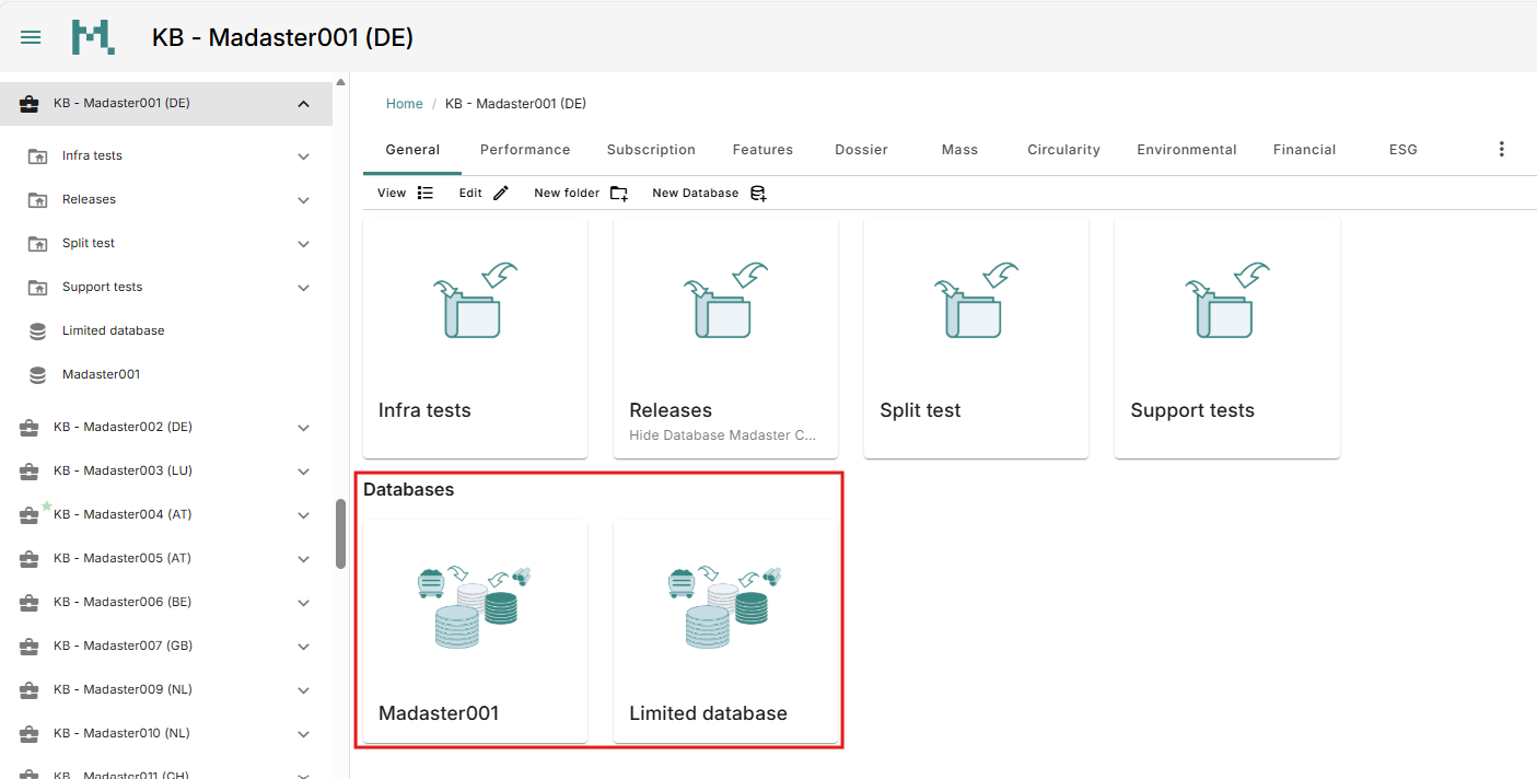 Databases in the general tab of an account.