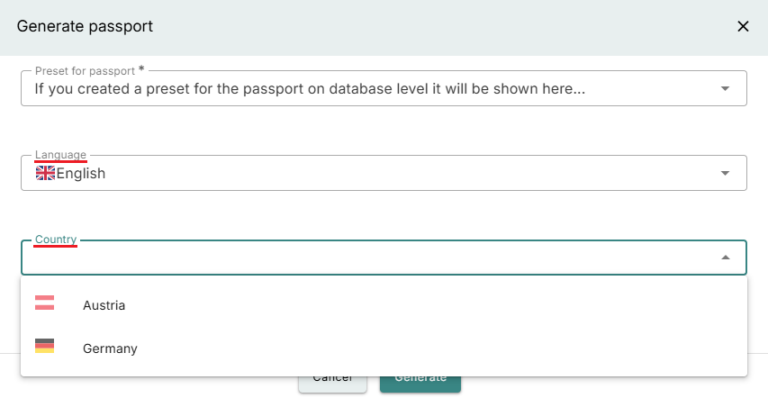Settings when generating a Product Passport.