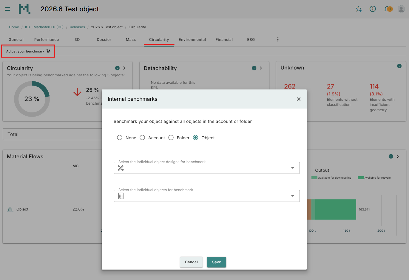 Adjusting benchmark settings for a circularity assessment.