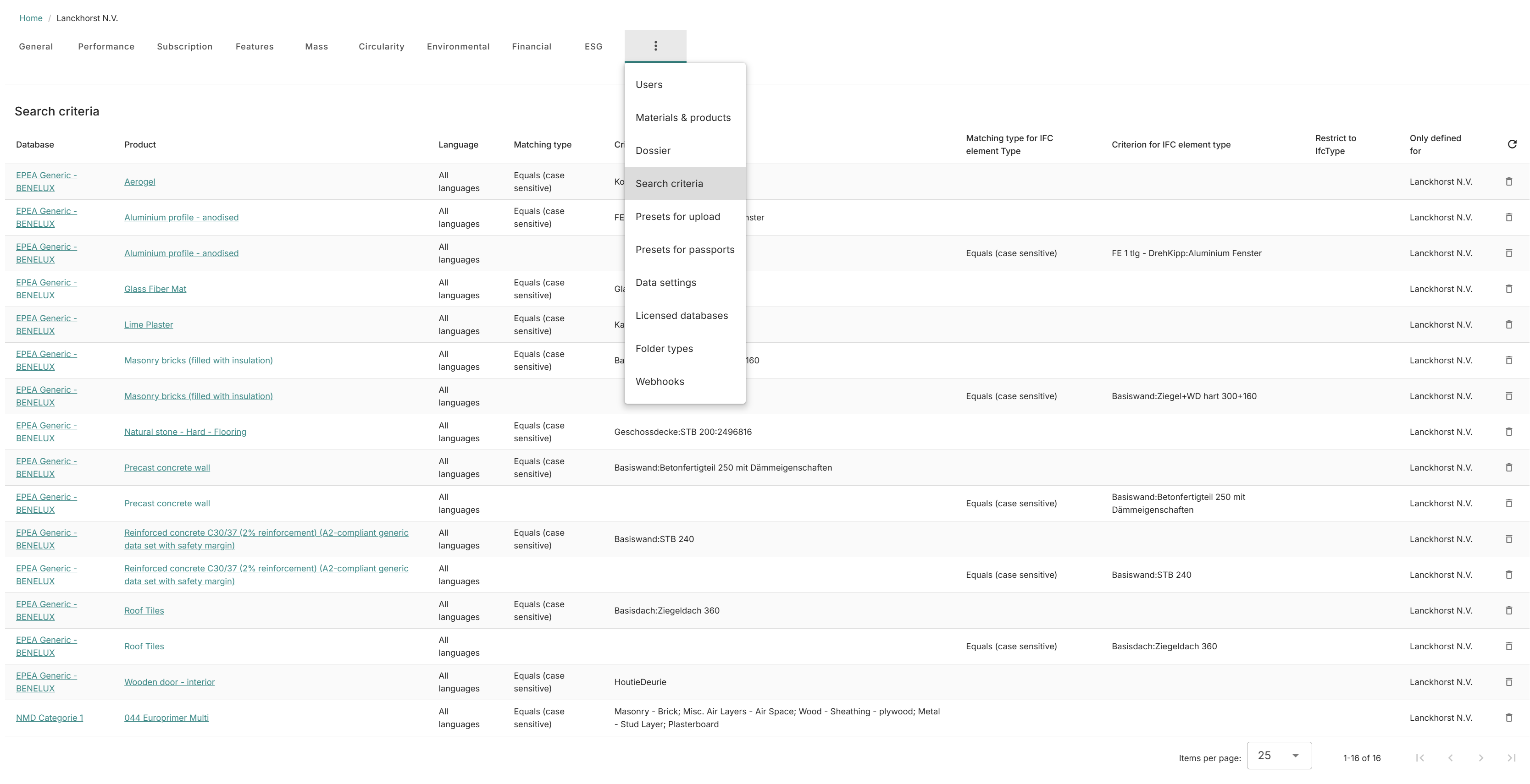 The new overview of search criteria.