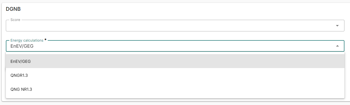 Energy calculation options when using DGNB.