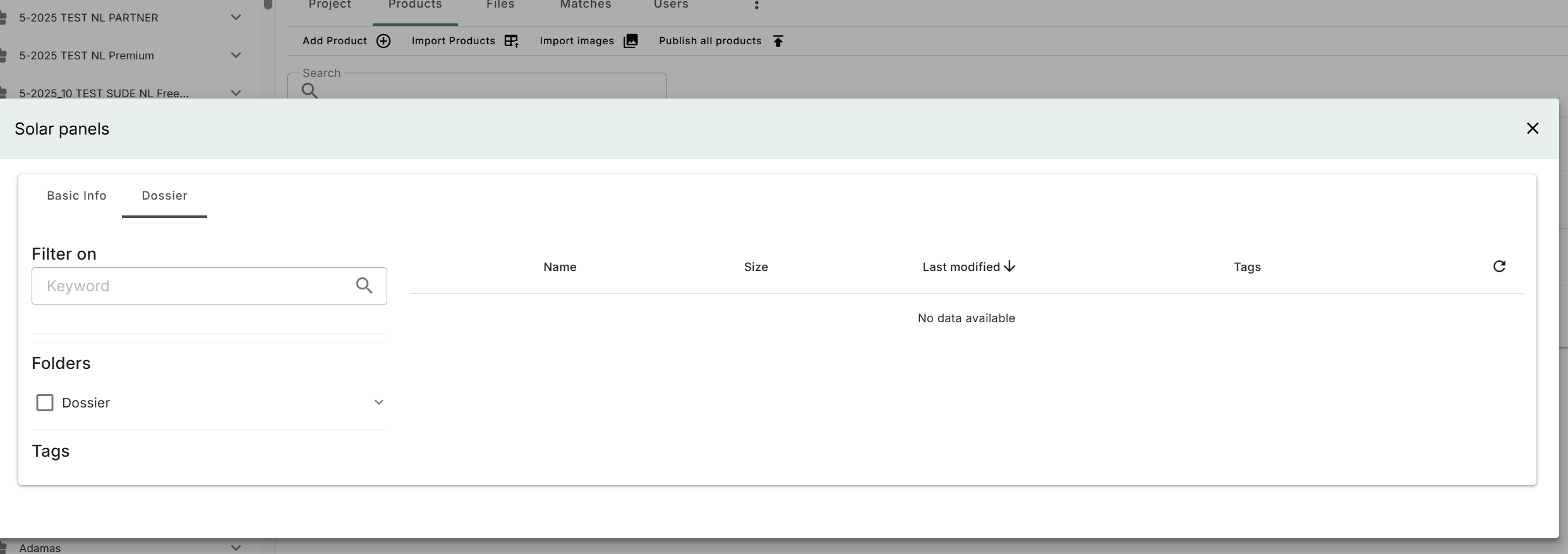 The dossier tab on a product in Madaster Match, where documents can be managed.