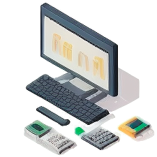 A computer screen with a black keyboard and some tools.