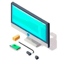 A wide computer screen with a blue background and some accessories around it.