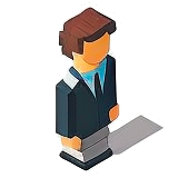 A small pixelated person with a black suit.